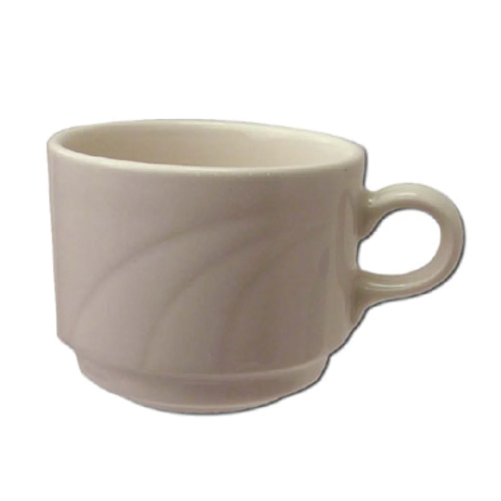International Tableware Y-38 8 Oz Cup Round with Handle Embossed Ceramic White