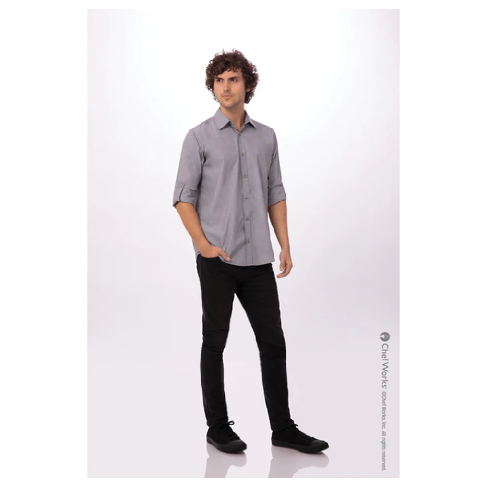 Chef Works SLMCH005GRY5XL Men's Chambray Dress Shirt 5XL Roll-up Long Sleeves Chef Works SLMCH005GRY5XL Men's Chambray Dress Shirt 5XL Roll-up Long Sleeves