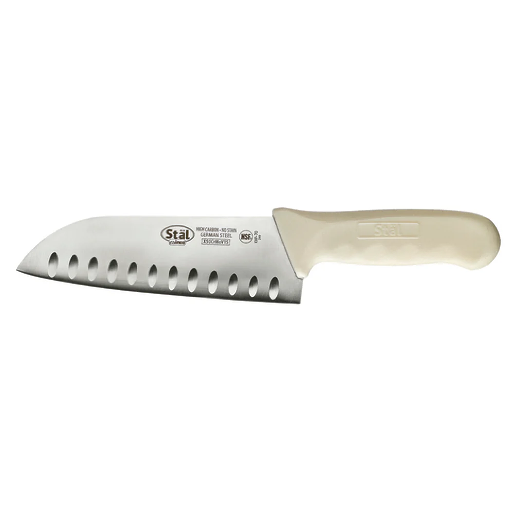 KWP-70 7 Inch Blade Santoku Knife 11-3/4 Inch O.A.L Stamped Granton Edge High Carbon Polypropylene Handle White KWP-70 7 Inch Blade Santoku Knife 11-3/4 Inch O.A.L Stamped Granton Edge High Carbon Polypropylene Handle White
