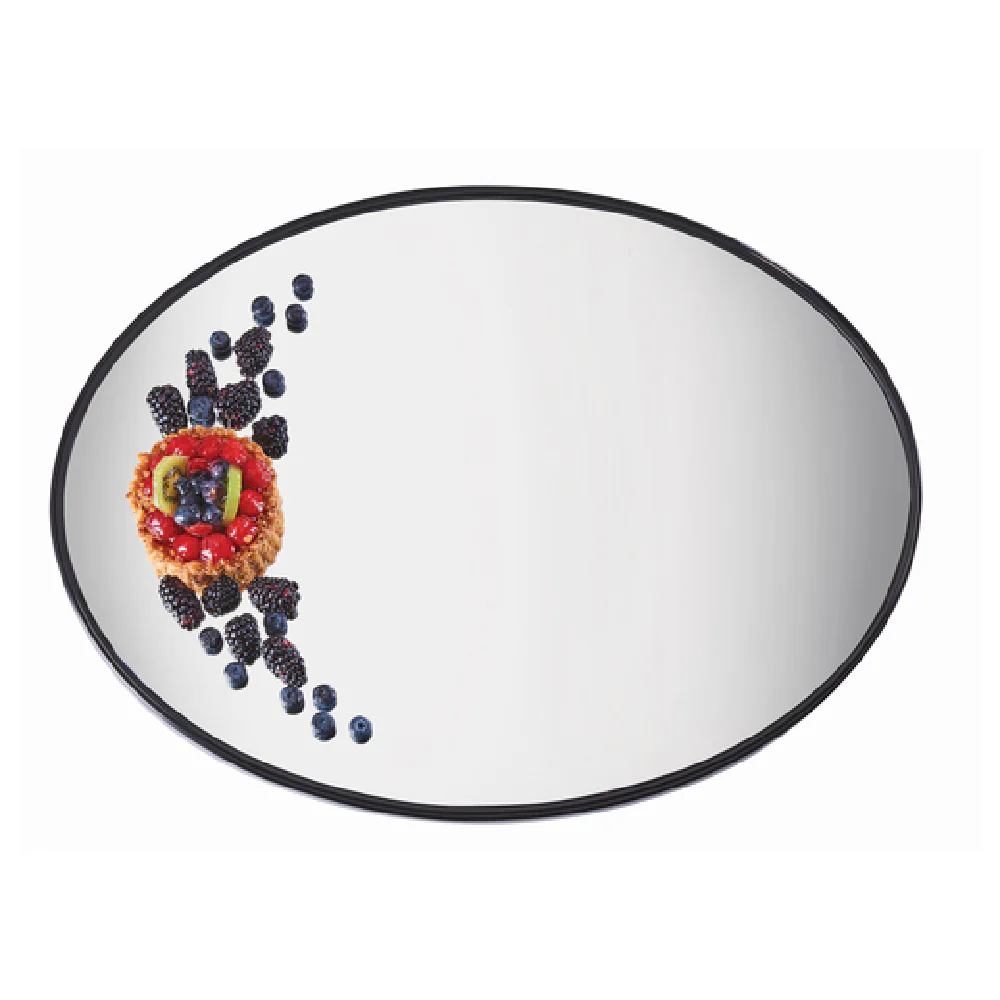 Cal Mil RR242 24 Inch Gourmet Display Mirror Tray Oval with Black Acrylic Trim Glass Cal Mil RR242 24 Inch Gourmet Display Mirror Tray Oval with Black Acrylic Trim Glass