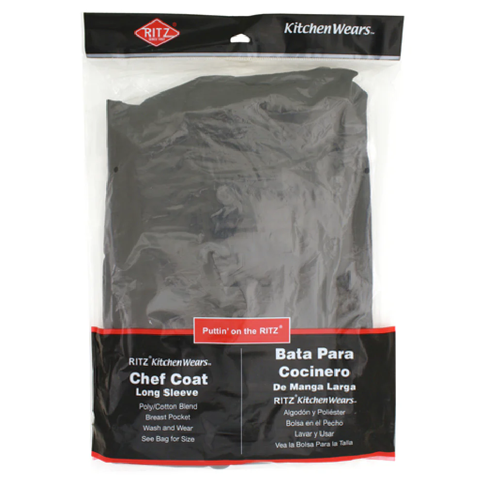 John Ritzenthaler Company RZCOATBK3X 3XL Long Sleeve Chef's Coat Black Cotton Poly Twill with Pockets John Ritzenthaler Company RZCOATBK3X 3XL Long Sleeve Chef's Coat Black Cotton Poly Twill with Pockets