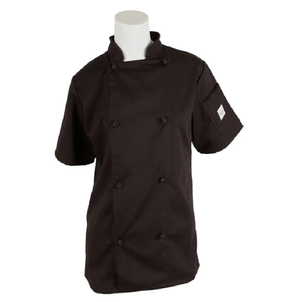 Mercer Culinary M60024BKXXS XXSmall Womens Chef's Coat Short Sleeve Black with Cloth Knot Buttons Mercer Culinary M60024BKXXS XXSmall Womens Chef's Coat Short Sleeve Black with Cloth Knot Buttons