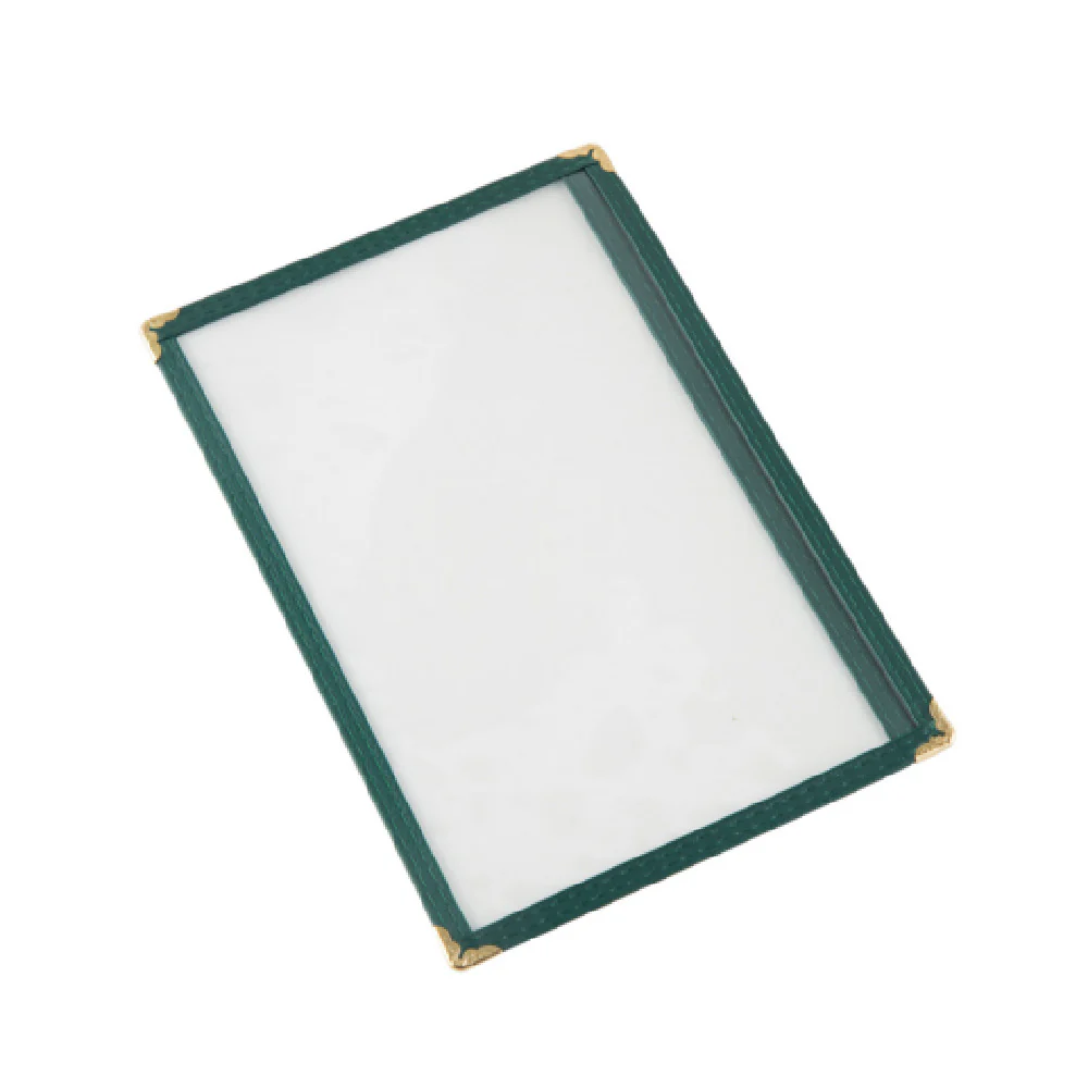 CAC China MCP1-58GN 5-1/2 Inch Clear Double-Sided Menu Cover with Brass Corners Green Trim