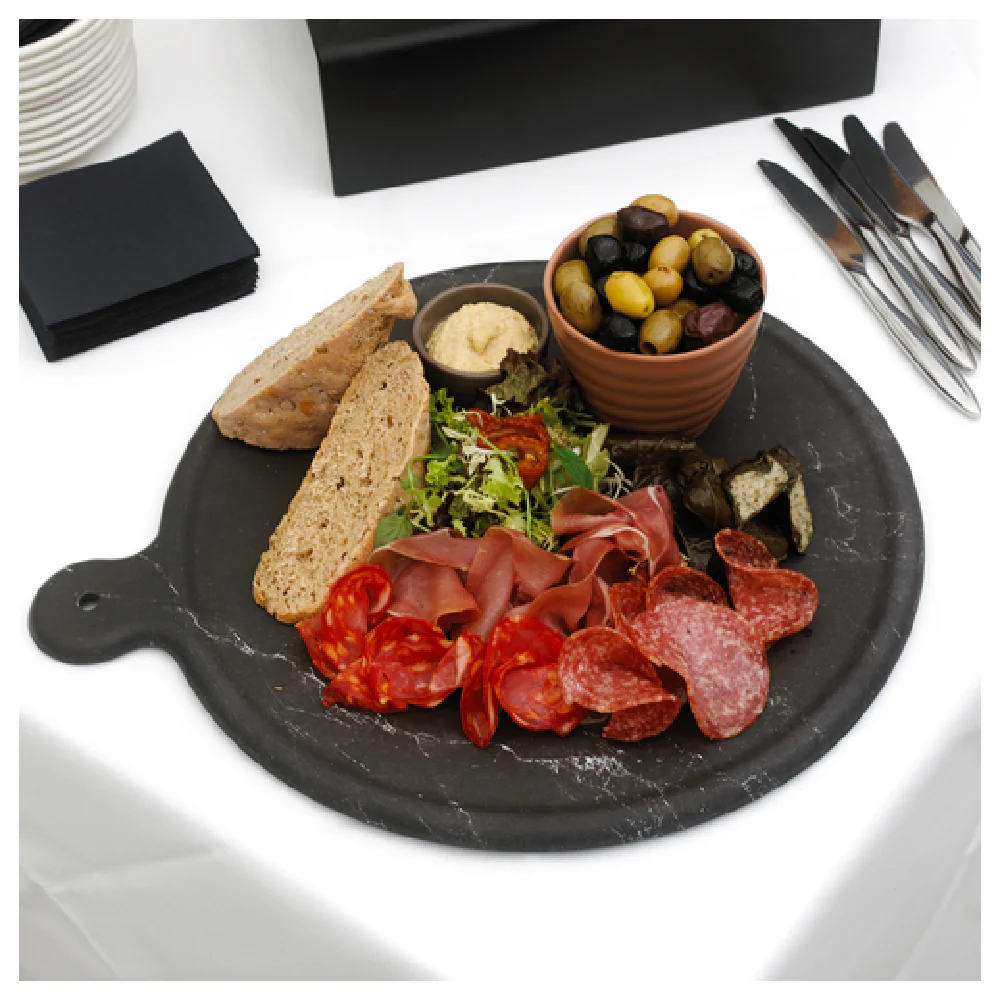 BauscherHepp TBMA3145 17-3/4 Inch Round Platter With Handle Black Melamine BauscherHepp TBMA3145 17-3/4 Inch Round Platter With Handle Black Melamine