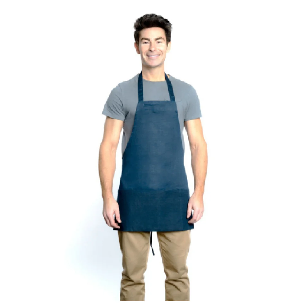 Chef Approved 167BAFHNV 28 Inch Bib Apron Half Length Navy Blue 65/35 Poly-Cotton with 2 Front Pockets Chef Approved 167BAFHNV 28 Inch Bib Apron Half Length Navy Blue 65/35 Poly-Cotton with 2 Front Pockets