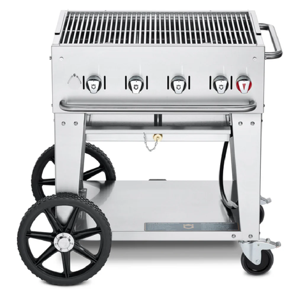 Crown Verity CV-MCB-30 38 Inch Mobile Gas Charbroiler 4 Burners Stainless Steel with Hose and Regulator Crown Verity CV-MCB-30 38 Inch Mobile Gas Charbroiler 4 Burners Stainless Steel with Hose and Regulator