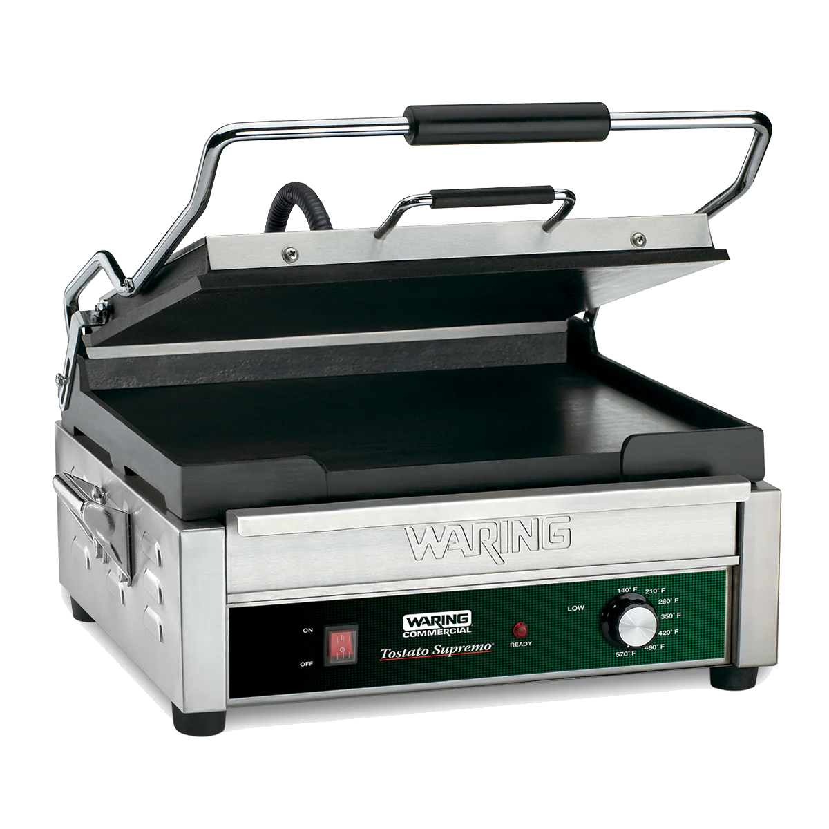 Waring WFG275E 20 Inch Panini Grill with 14 Inch Cast Iron Surface and Hinged Top Waring WFG275E 20 Inch Panini Grill with 14 Inch Cast Iron Surface and Hinged Top