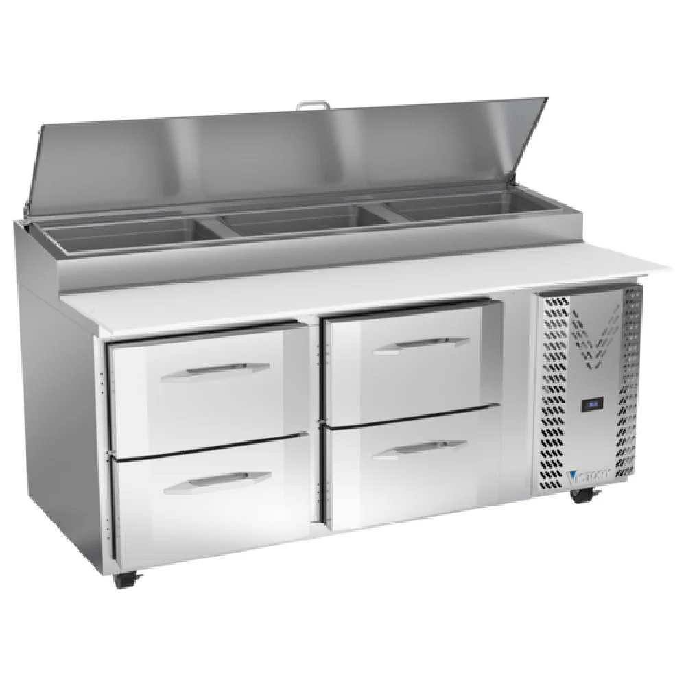 Victory VPPD72HC-4 72 Inch Refrigerated Counter Pizza Prep Table 22.77 cu ft with 4 Drawers Victory VPPD72HC-4 72 Inch Refrigerated Counter Pizza Prep Table 22.77 cu ft with 4 Drawers