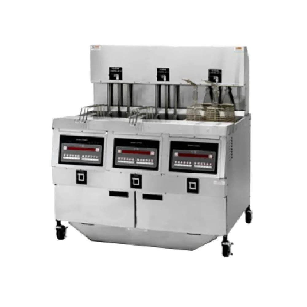 Henny Penny OGA323.04_NAT 49 Inch Gas Auto Lift Open Deep Fryer with 3 Wells Henny Penny OGA323.04_NAT 49 Inch Gas Auto Lift Open Deep Fryer with 3 Wells