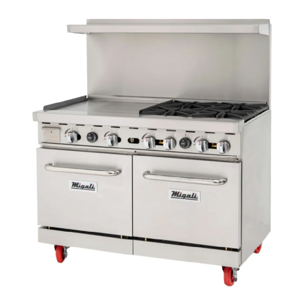 Migali Industries C-RO4B-24GL-LP 48 Inch Gas Range with Griddle and Ovens 224000 BTU Migali Industries C-RO4B-24GL-LP 48 Inch Gas Range with Griddle and Ovens 224000 BTU