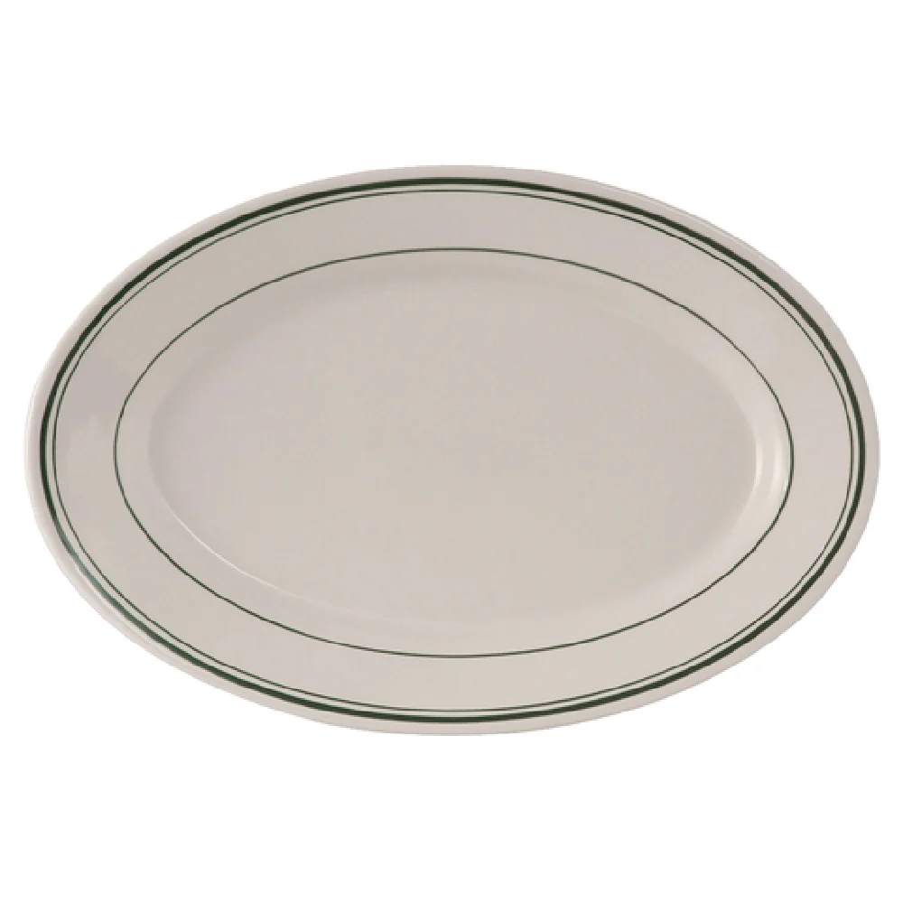 Tuxton TGB-013 11 Inch Platter Oval Wide Rim Rolled Edge Ceramic Green Band Tuxton TGB-013 11 Inch Platter Oval Wide Rim Rolled Edge Ceramic Green Band