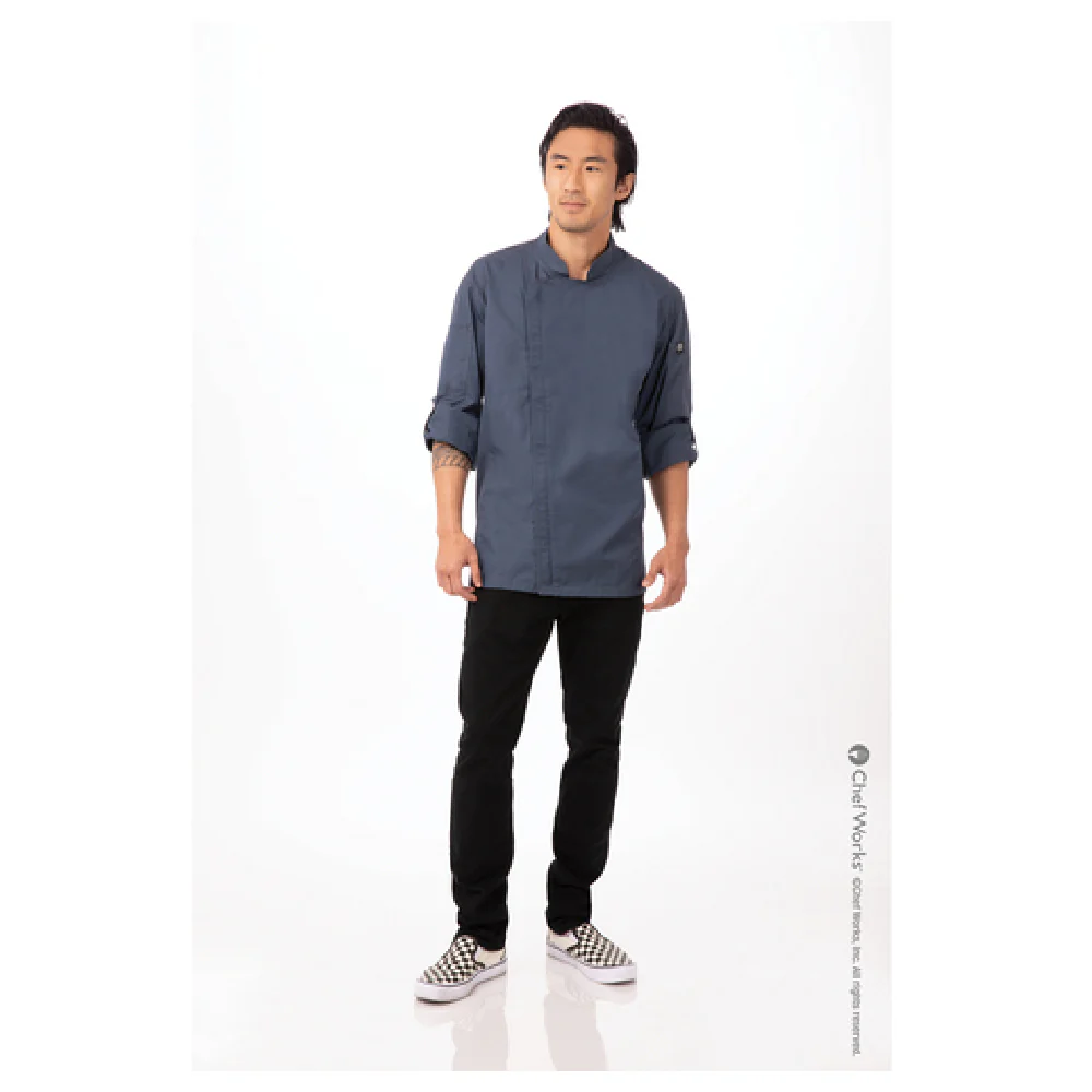 Chef Works BCLZ008-BLU-6XL Men's Chef Coat Long Sleeve Blue Poly Cotton with Pockets Chef Works BCLZ008-BLU-6XL Men's Chef Coat Long Sleeve Blue Poly Cotton with Pockets