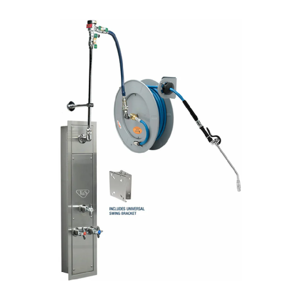 T&S Brass B-7242-U10WS8BC 50' Stainless Steel Open Hose Reel With Stainless Steel Surface Cabinet With Bottom Inlets T&S Brass B-7242-U10WS8BC 50' Stainless Steel Open Hose Reel With Stainless Steel Surface Cabinet With Bottom Inlets
