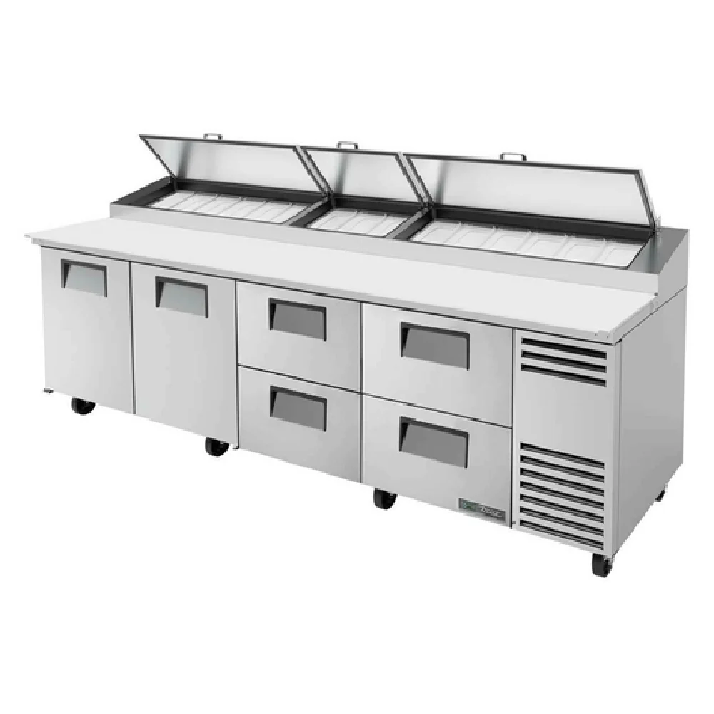 True Refrigeration TPP-AT-119D-4-HC_RH 119 Inch Refrigerated Counter Pizza Prep 4 Section with Stainless Steel Front and Aluminum Interior True Refrigeration TPP-AT-119D-4-HC_RH 119 Inch Refrigerated Counter Pizza Prep 4 Section with Stainless Steel Front and Aluminum Interior