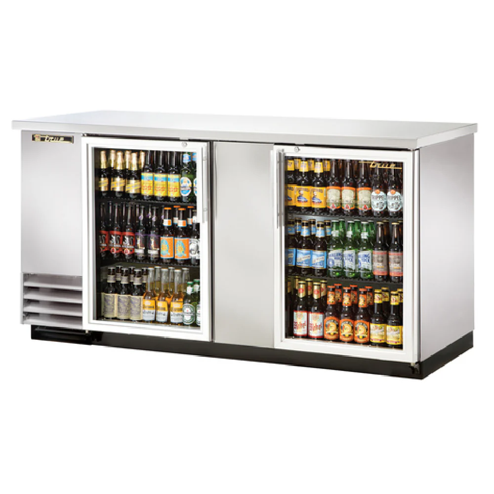 True Refrigeration TBB-3G-S-HC-LD 69 Inch Back Bar Cooler Two-section with Lockable Glass Doors