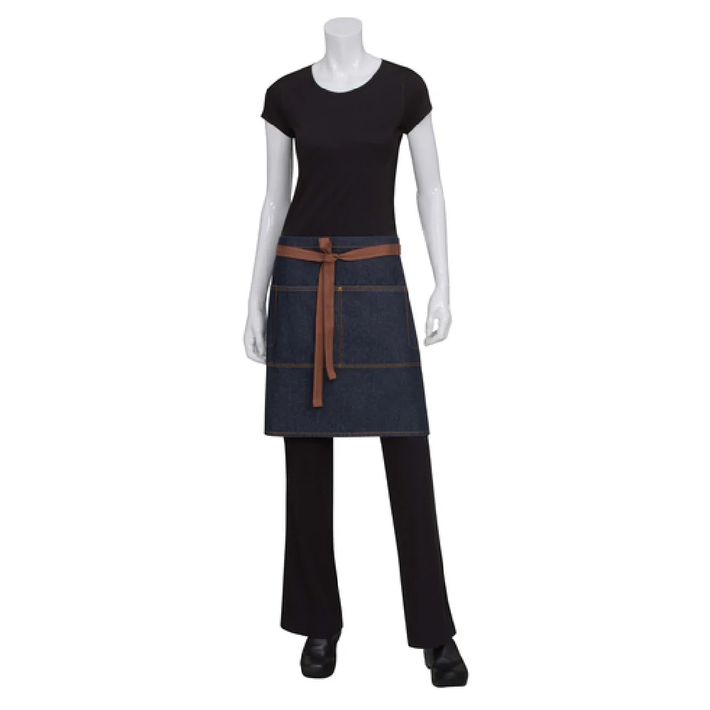 Chef Works AW048IBL0 28-1/2 Inch Waist Apron Half Length Indigo Blue Cotton Denim with Double Front Pockets