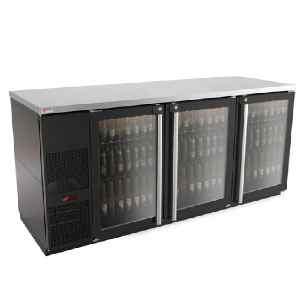 Micro Matic MBB78G-E 80 Inch Refrigerated Back Bar Cabinet 30.8 cu ft 3 Sections Black Exterior Stainless Steel with Hinged Glass Doors Micro Matic MBB78G-E 80 Inch Refrigerated Back Bar Cabinet 30.8 cu ft 3 Sections Black Exterior Stainless Steel with Hinged Glass Doors