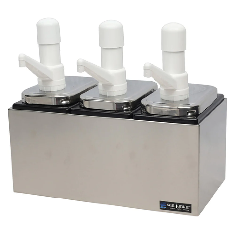 San Jamar P9713 14 Inch Triple Well Countertop Condiment Pump Service Center Stainless Steel with Ultra Pumps San Jamar P9713 14 Inch Triple Well Countertop Condiment Pump Service Center Stainless Steel with Ultra Pumps