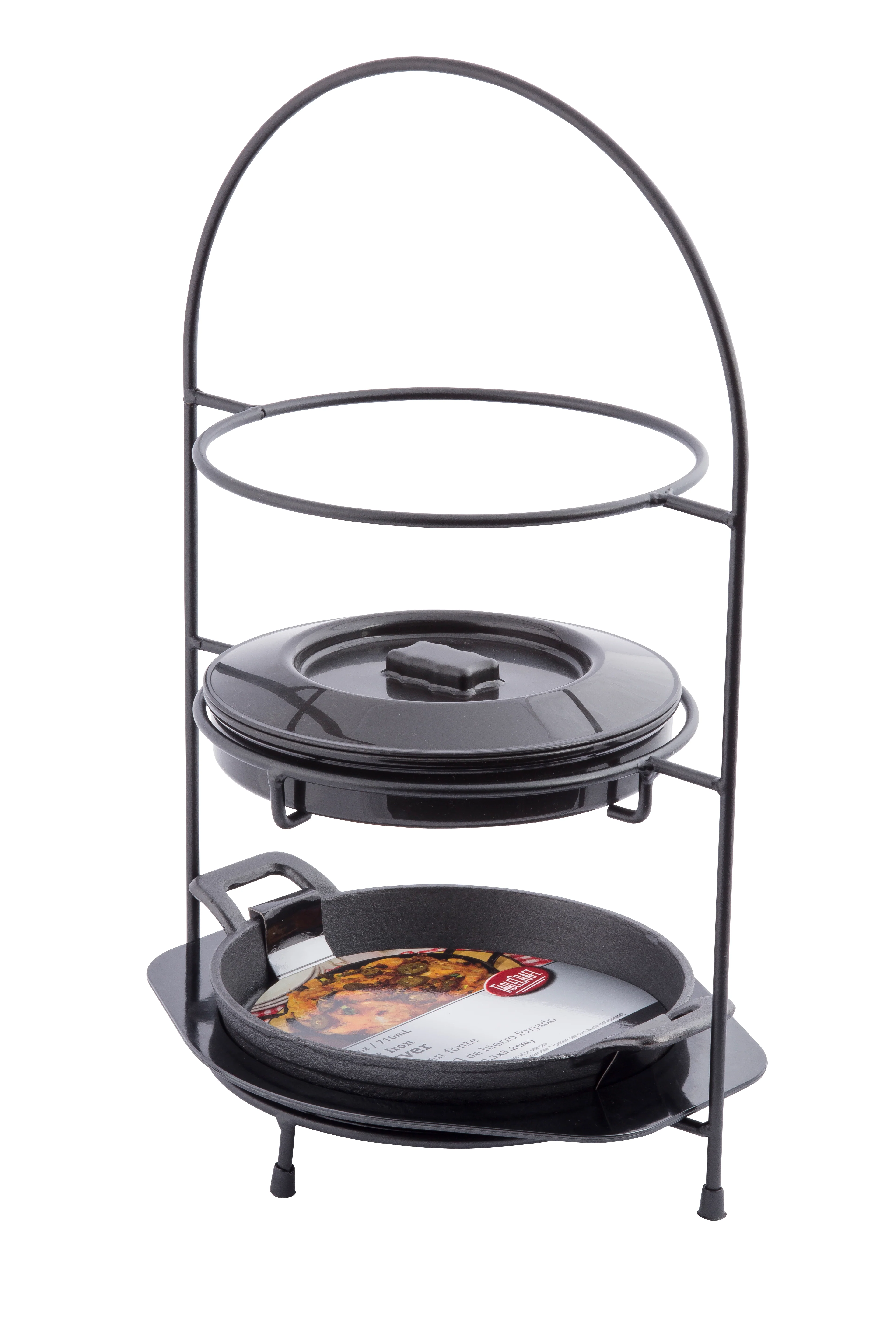 Tablecraft FTR1711KIT 17 Inch Round Metal Fajita Rack Display Stand with Cast Iron Platter Tablecraft FTR1711KIT 17 Inch Round Metal Fajita Rack Display Stand with Cast Iron Platter