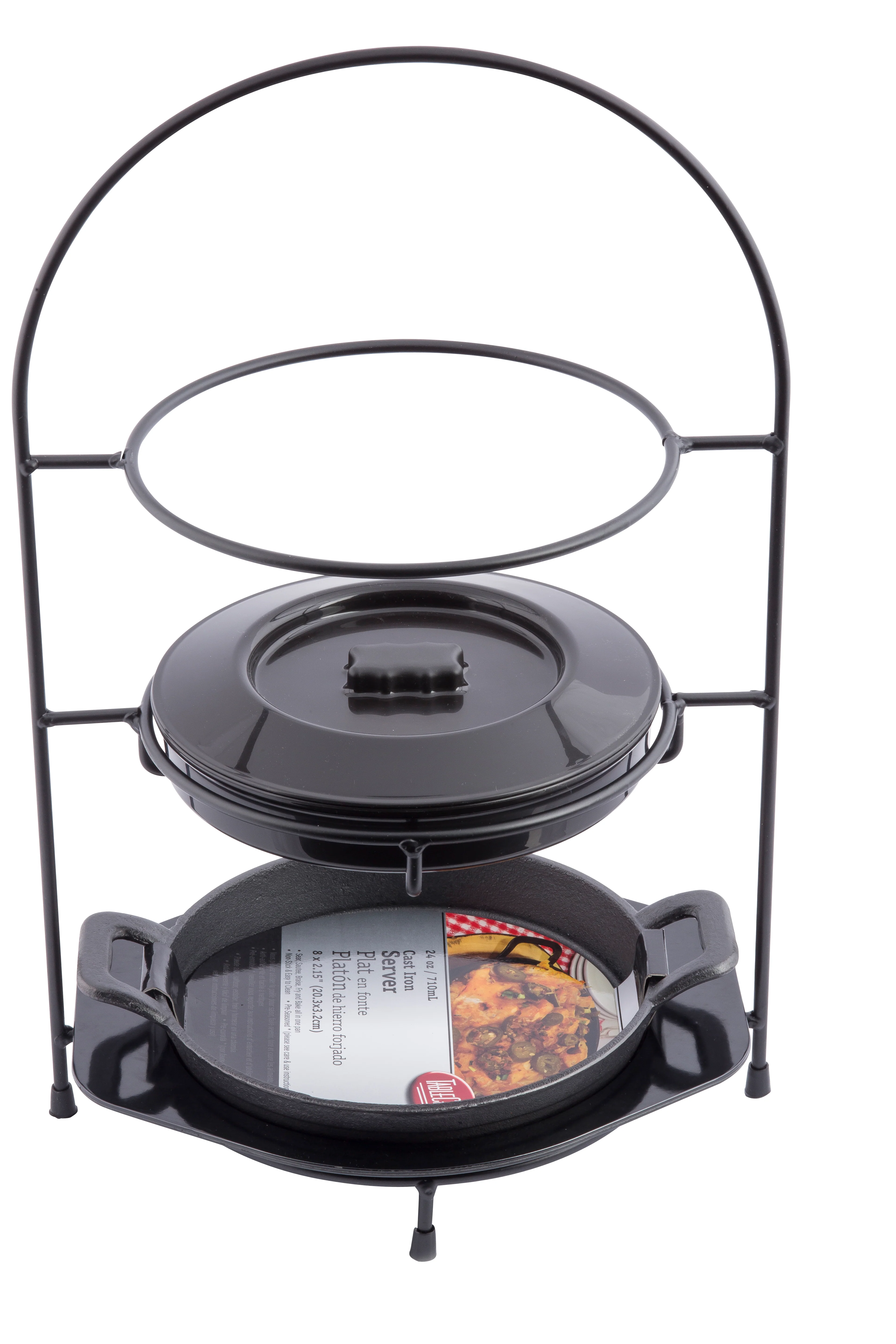 Tablecraft FTR1711KIT 17 Inch Round Metal Fajita Rack Display Stand with Cast Iron Platter Tablecraft FTR1711KIT 17 Inch Round Metal Fajita Rack Display Stand with Cast Iron Platter