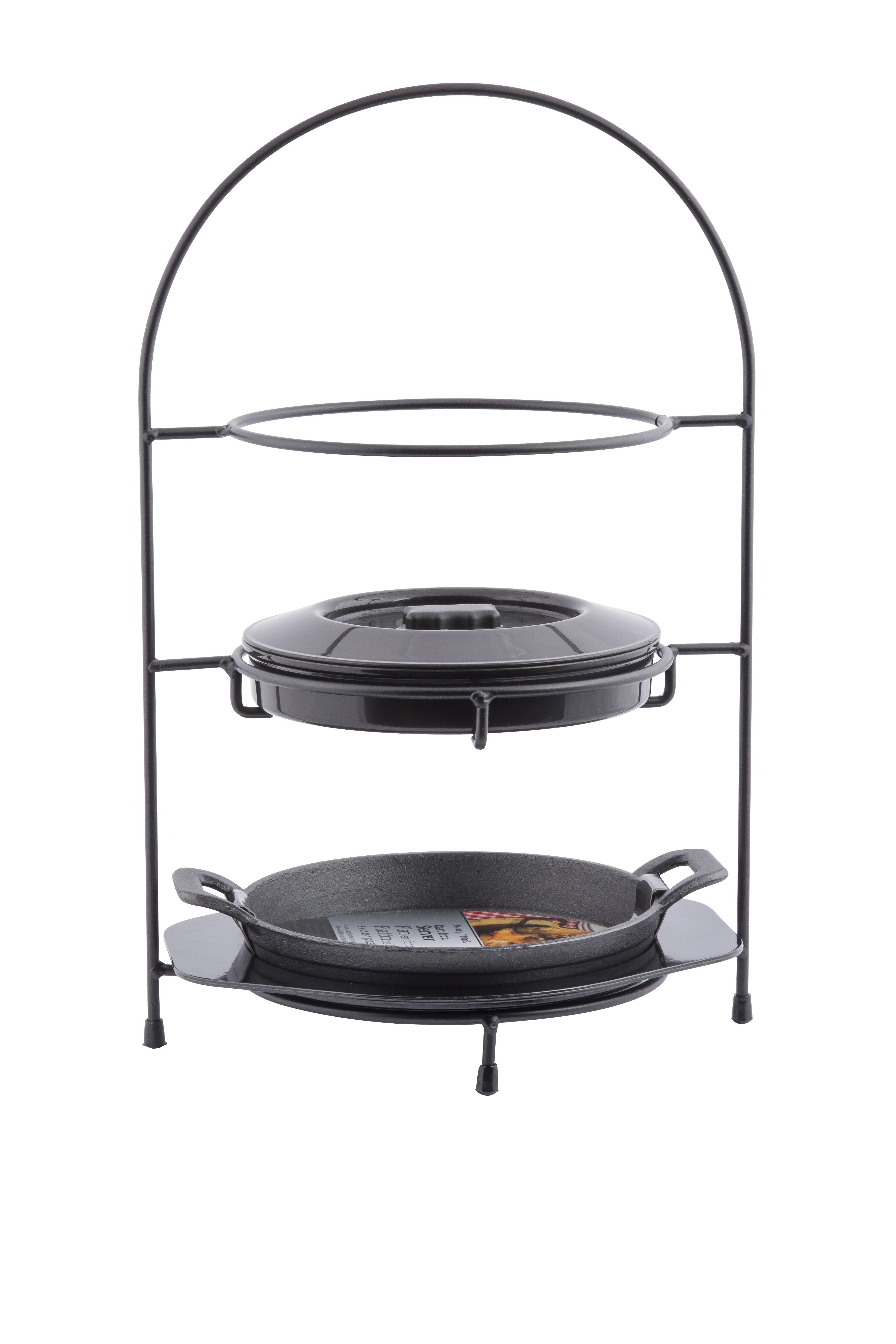 Tablecraft FTR1711KIT 17 Inch Round Metal Fajita Rack Display Stand with Cast Iron Platter Tablecraft FTR1711KIT 17 Inch Round Metal Fajita Rack Display Stand with Cast Iron Platter