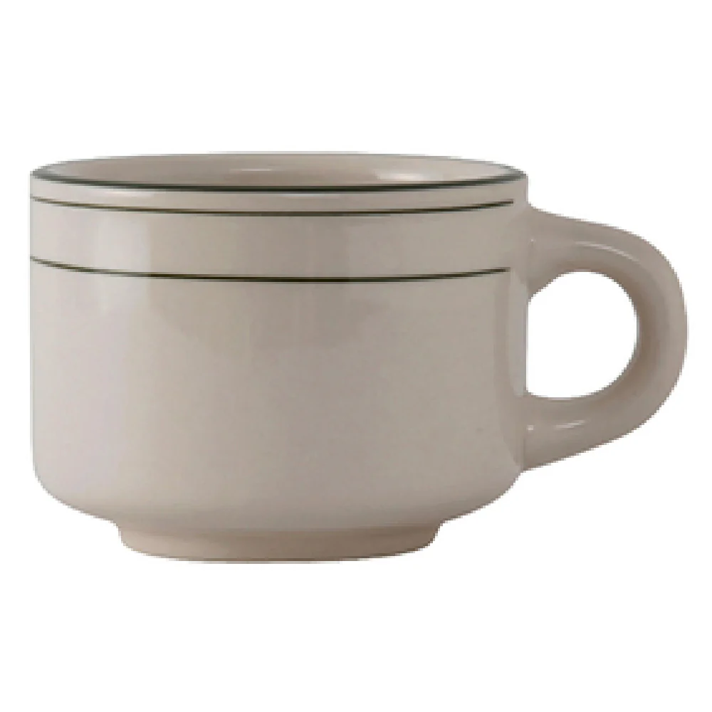 Tuxton TGB-023 7 Oz Cup Stackable Rolled Edge Ceramic Green Band