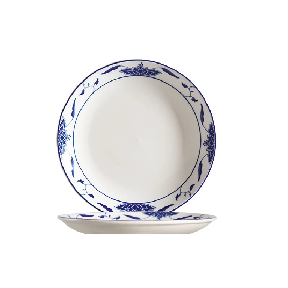 CAC China 103-16C 10 Inch Blue Lotus Coupe Plate Porcelain 12 Packs