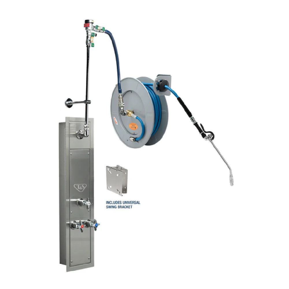 T&S Brass B-7242-U10WS7BC 50' Stainless Steel Open Hose Reel With Stainless Steel Recessed Cabinet With Bottom Inlets T&S Brass B-7242-U10WS7BC 50' Stainless Steel Open Hose Reel With Stainless Steel Recessed Cabinet With Bottom Inlets