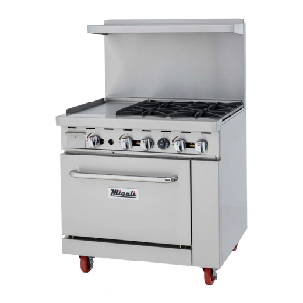 Migali Industries C-RO4B-12GL-LP 36 Inch Gas Range With Griddle 21 Inch 4 Burners 32,000 BTU Migali Industries C-RO4B-12GL-LP 36 Inch Gas Range With Griddle 21 Inch 4 Burners 32,000 BTU
