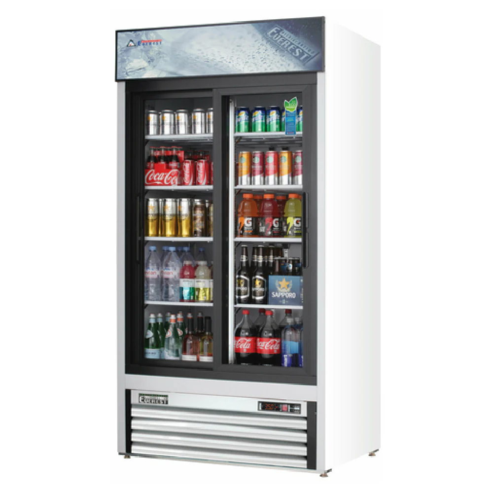 Everest Refrigeration EMGR33 39 Inch Reach-In Merchandiser Refrigerator White Coated Steel with Two Sliding Glass Doors Everest Refrigeration EMGR33 39 Inch Reach-In Merchandiser Refrigerator White Coated Steel with Two Sliding Glass Doors