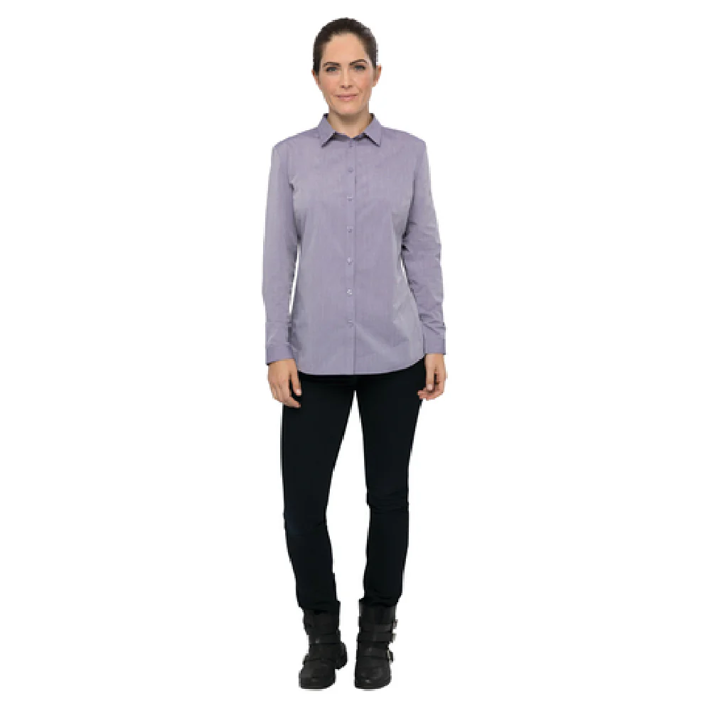 Chef Works SHC06WPURM Medium Women's Chambray Dress Shirt Purple with Button Tab