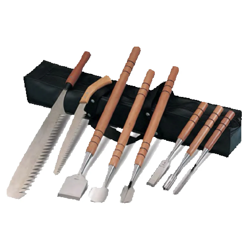 JB Prince C530 Ice Carving Set (8) Tools with Vinyl Bag Stainless Steel Blades Wood Handles JB Prince C530 Ice Carving Set (8) Tools with Vinyl Bag Stainless Steel Blades Wood Handles