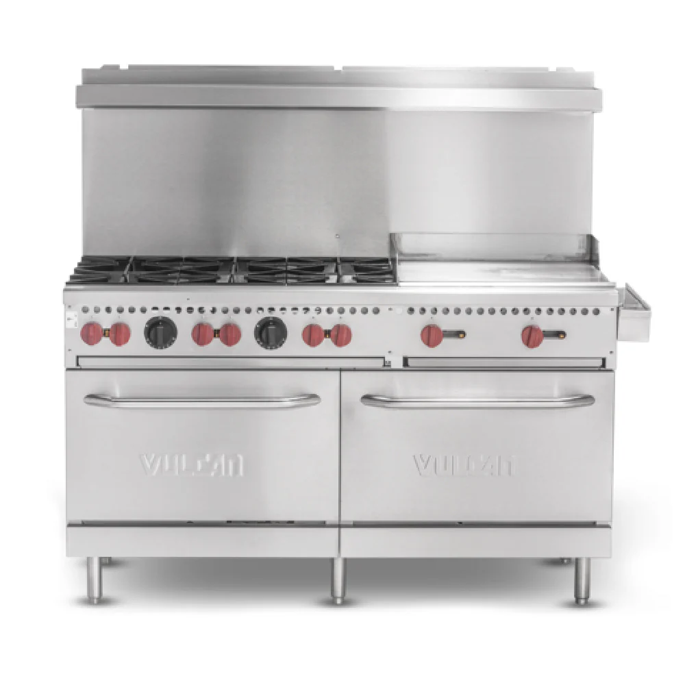 Vulcan SX60F-6B24GP 60 Inch Gas Restaurant Range with Two Ovens and 24 Inch Griddle 6 Burners 28000 BTU