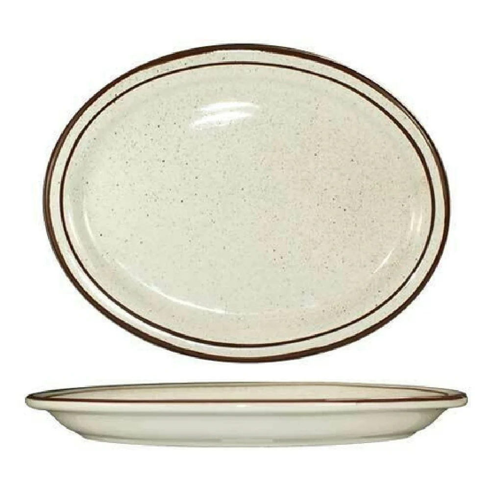 International Tableware GR-51 16 Inch Oval Platter Ceramic Lead Free White with Brown Speckle