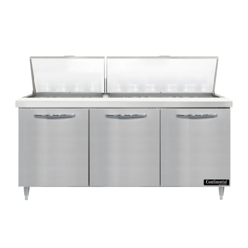 Continental Refrigerator D72N30M 72 Inch Designer Line Gas Refrigerated Counter with Stainless Steel 3 Section Continental Refrigerator D72N30M 72 Inch Designer Line Gas Refrigerated Counter with Stainless Steel 3 Section