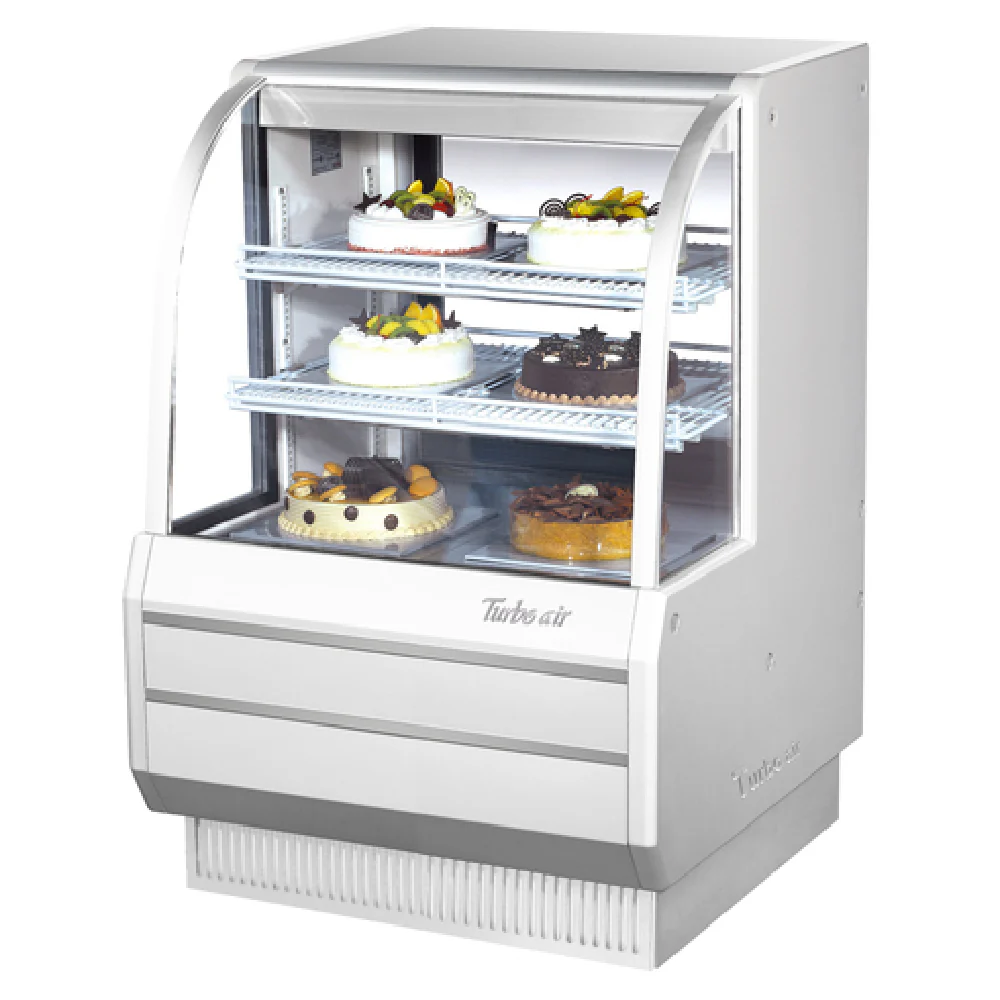 Turbo Air TCGB-36-W-N 36-1/2 Inch Refrigerated Bakery Display Case 11.8 Cu Ft with Curved Glass and Adjustable Shelves