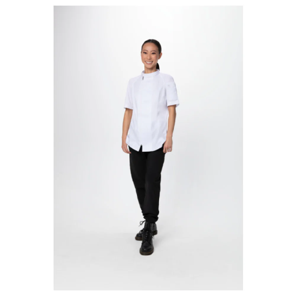Chef Works CBZ03W-WHT-S 37 Inch Women's Varkala Chef Coat Raglan Short Sleeve with Snap Collar