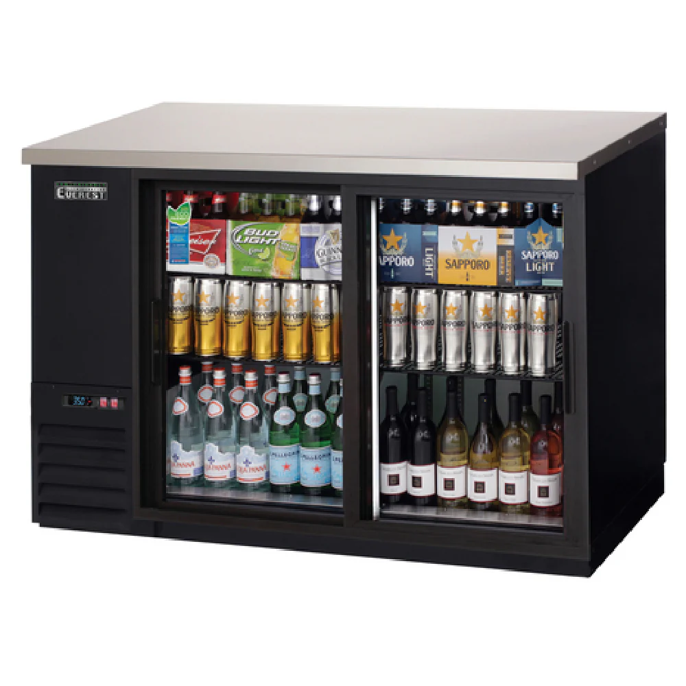 Everest Refrigeration EBB48G-SD 49 Inch Back Bar Refrigerator Two-section with Glass Sliding Doors and Black Exterior