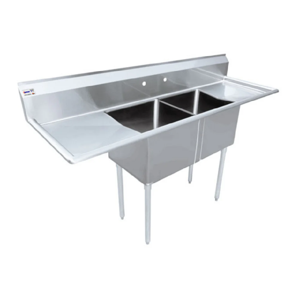 Omcan 25269 72 Inch Pot Sink Two Compartment 21 Inch Bowls Stainless Steel with Corner Drains and Backsplash