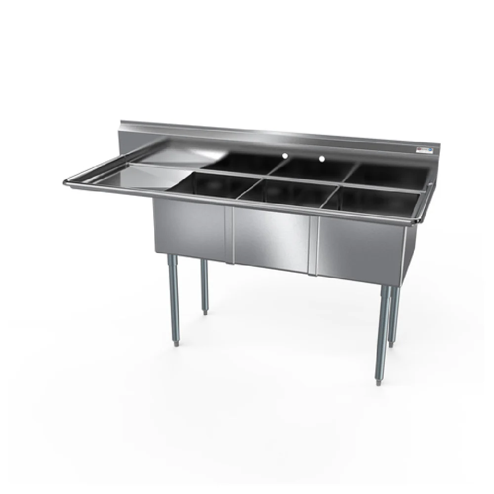NBR Equipment 3SG-181812L18 74 Inch Economy Sink with Three Compartments and Left Drainboard