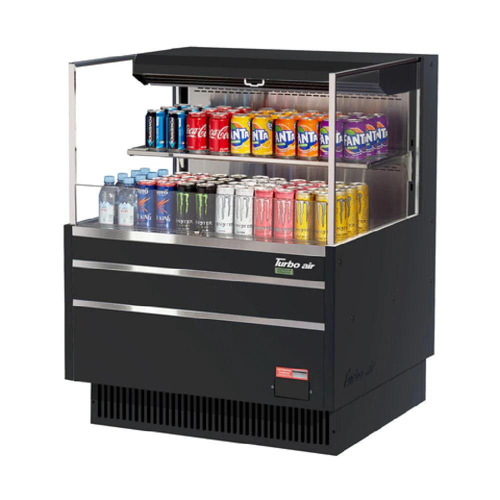 Turbo Air TOM-36L-UF-W(B)-2S-N 34 to 35 Inch Low-profile Open Merchandiser Stainless Steel 7.5 cu ft with Glass Shelf Turbo Air TOM-36L-UF-W(B)-2S-N 34 to 35 Inch Low-profile Open Merchandiser Stainless Steel 7.5 cu ft with Glass Shelf