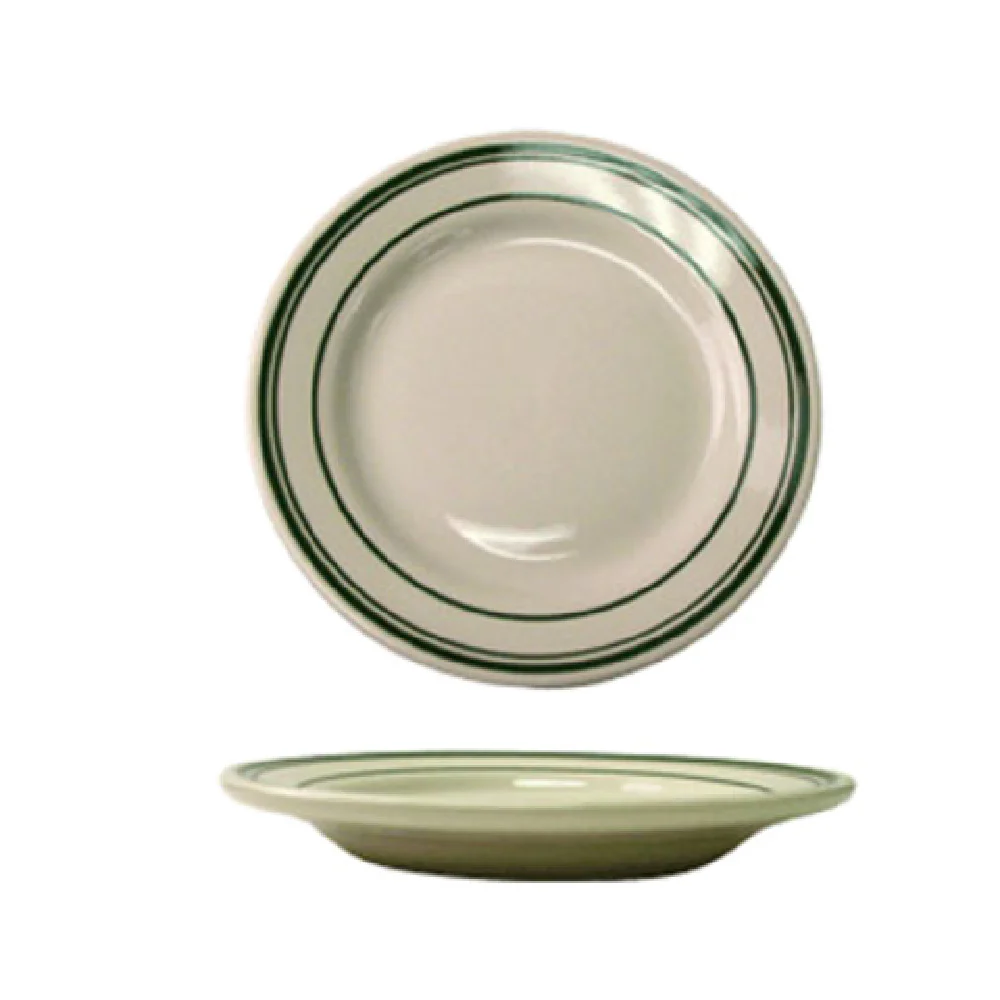 International Tableware VE-31 6-1/4 Inch Round Plate Microwave and Dishwasher Safe Ceramic American White with Green Band