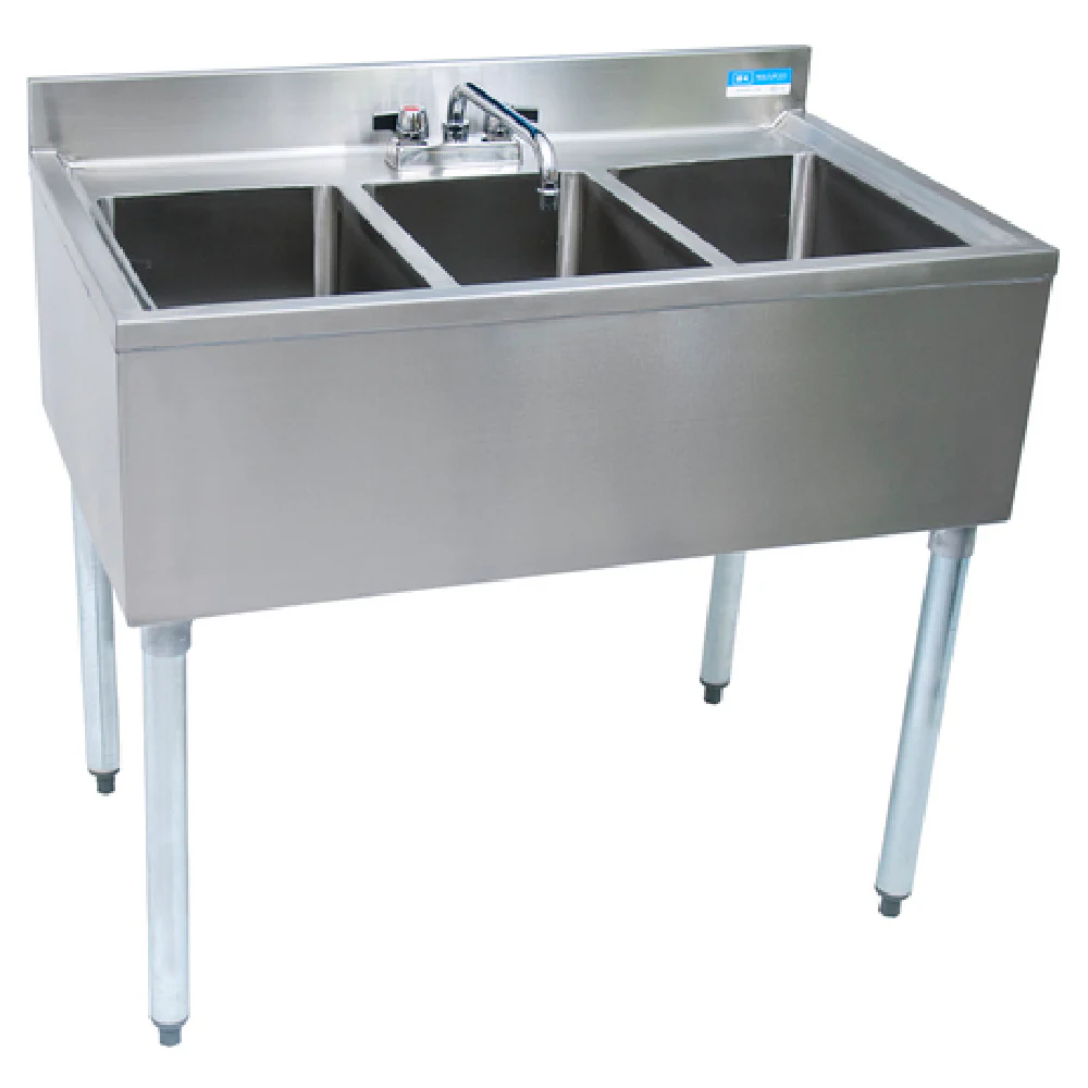 BK Resources UB4-21-336S 36 Inch Underbar Sink Stainless Steel Three Compartment with Backsplash