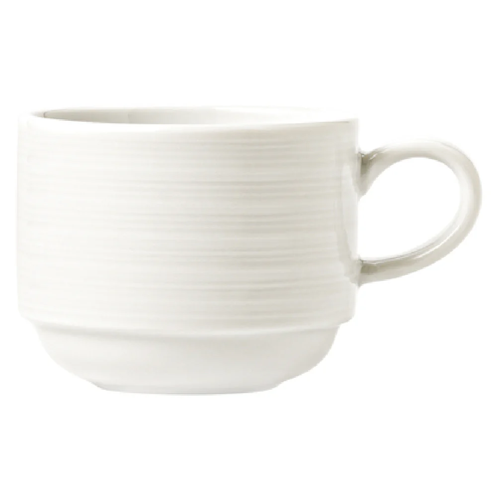 Libbey 999001531 9 Oz Cup with Handle Embossed Stackable Porcelain Lunar White