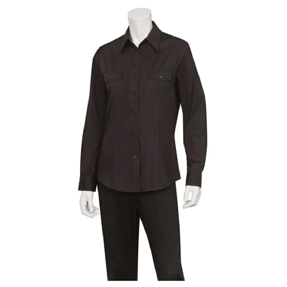 Chef Works WPDSBLKXS Women's Shirt XSmall Roll-up Long Sleeves with Pockets Black Poly Cotton Chef Works WPDSBLKXS Women's Shirt XSmall Roll-up Long Sleeves with Pockets Black Poly Cotton