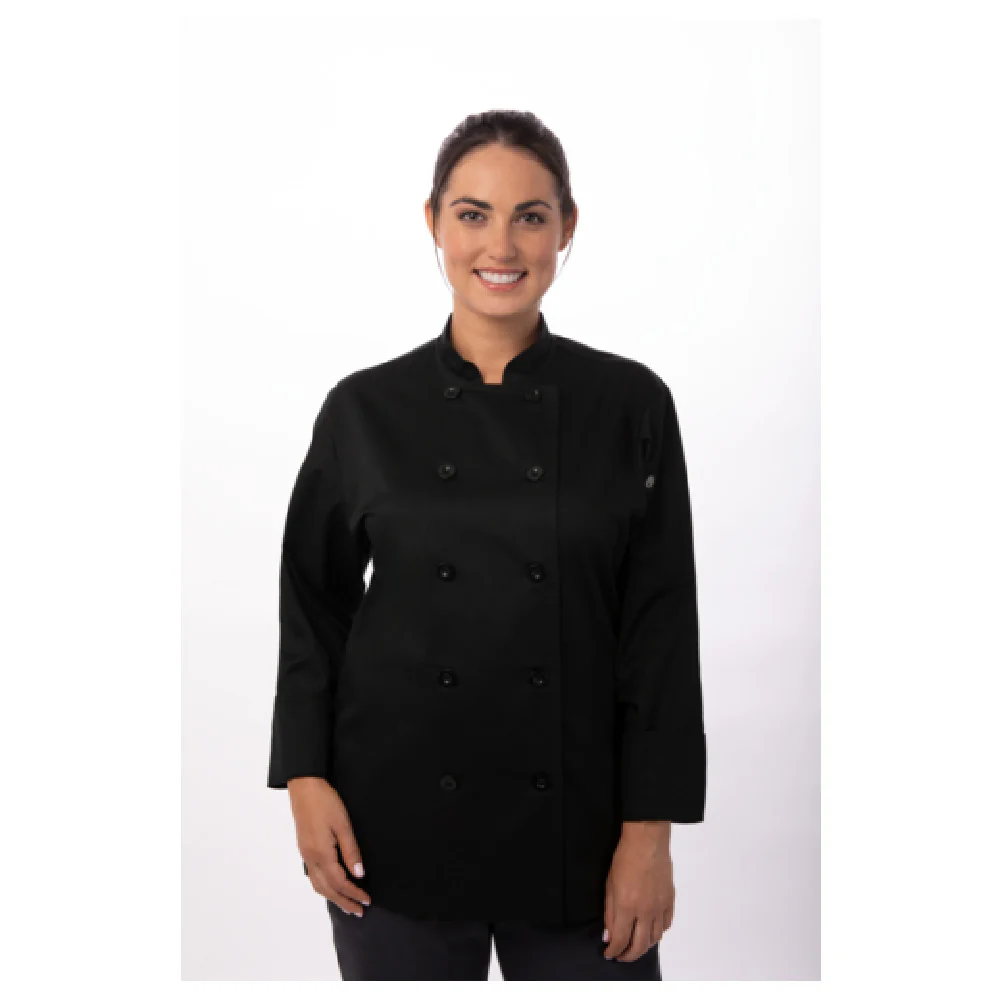 Chef Works BCW004-BLK-M 34 Inch Women's Le Mans Chef Coat with Double Breasted Style Black Poly/Cotton Chef Works BCW004-BLK-M 34 Inch Women's Le Mans Chef Coat with Double Breasted Style Black Poly/Cotton