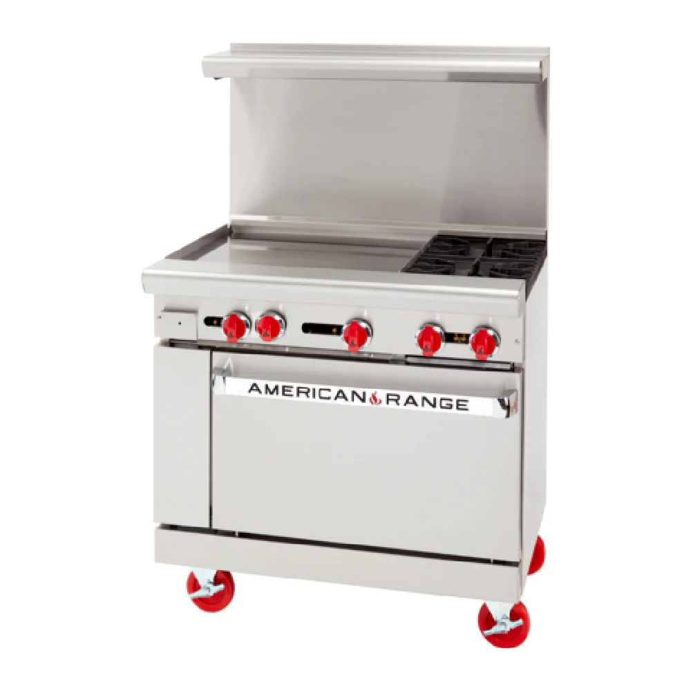 American Range AR-24G-2B-C_NAT 36 Inch Gas Restaurant Range with 24 Inch Griddle and 2 Burners 64000 BTU American Range AR-24G-2B-C_NAT 36 Inch Gas Restaurant Range with 24 Inch Griddle and 2 Burners 64000 BTU