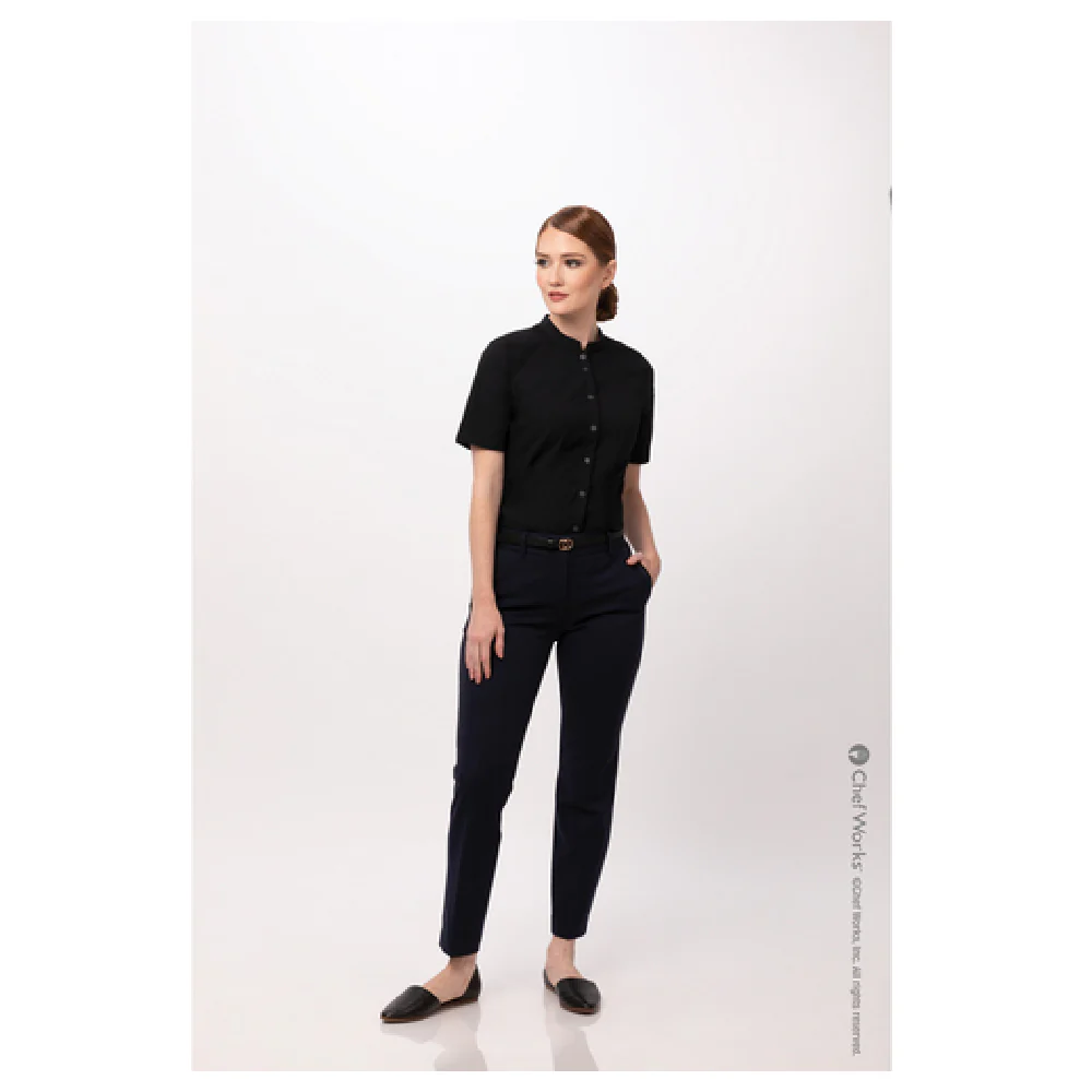 Chef Works SHC08WBLK3XL Women's Seersucker Shirt 3XL Snap Front Black Poly Cotton