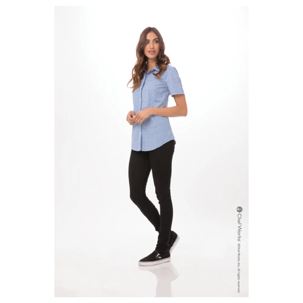 Chef Works SHC02WBLU3XL Women's Cook's Shirt Gingham Short Sleeve Blue