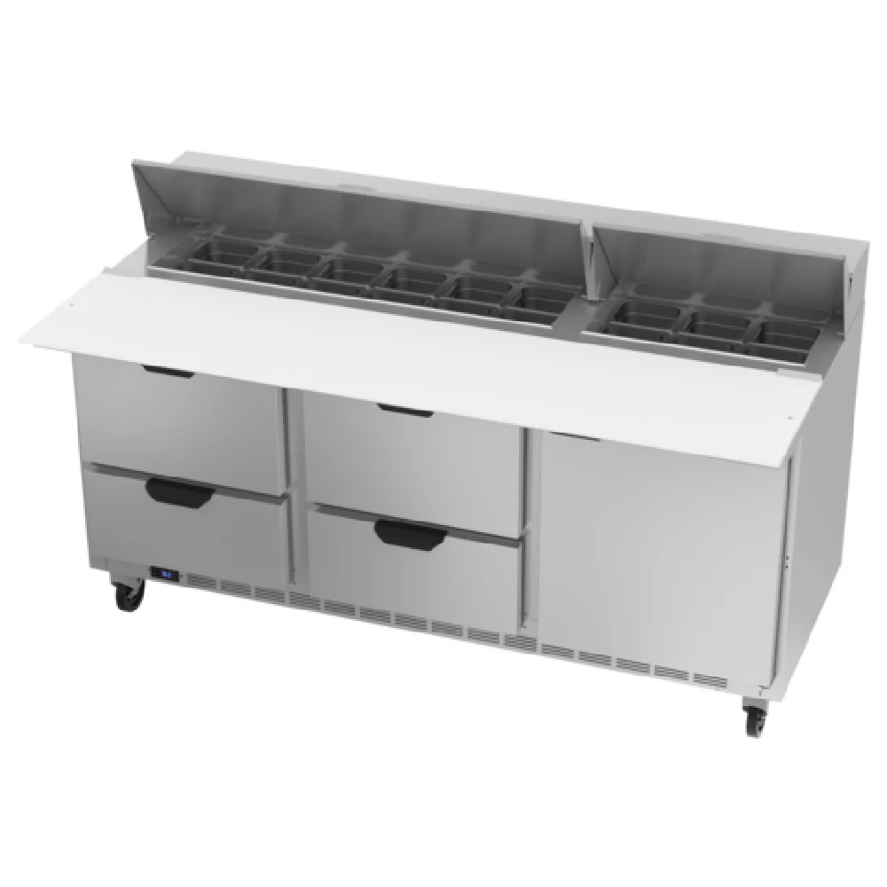 Beverage Air SPED72HC-18C-4 72 Inch Sandwich Top Refrigerated Counter 20.0 cu ft 3 Section Stainless Steel with Drawers and Shelves Beverage Air SPED72HC-18C-4 72 Inch Sandwich Top Refrigerated Counter 20.0 cu ft 3 Section Stainless Steel with Drawers and Shelves